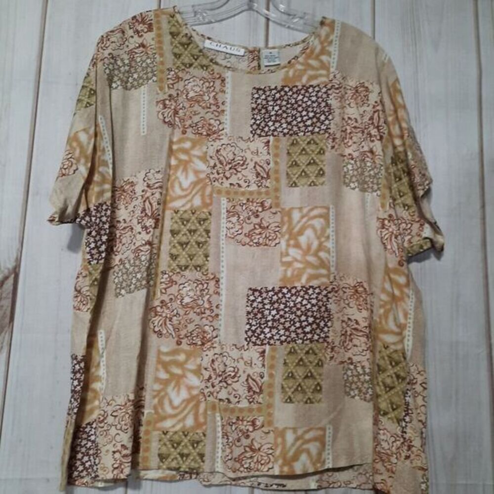 Chaus Women Tan Patchwork Floral Rayon Short Sleeve Blouse Top Size 16